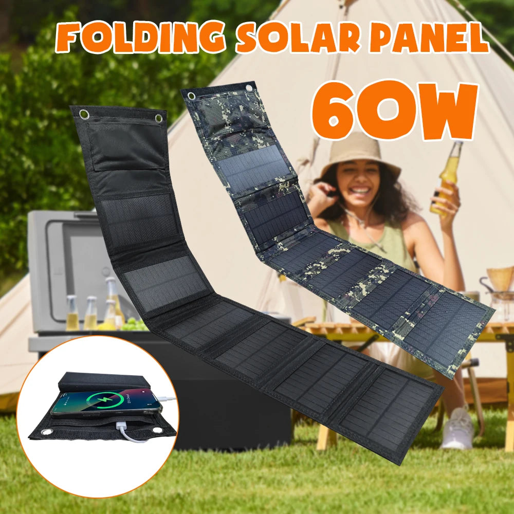 60W Portable Polysilicon Solar Panel Charger USB 5V DC Foldable Solar Panel For Phone Charge Power Bank For Hiking Camping