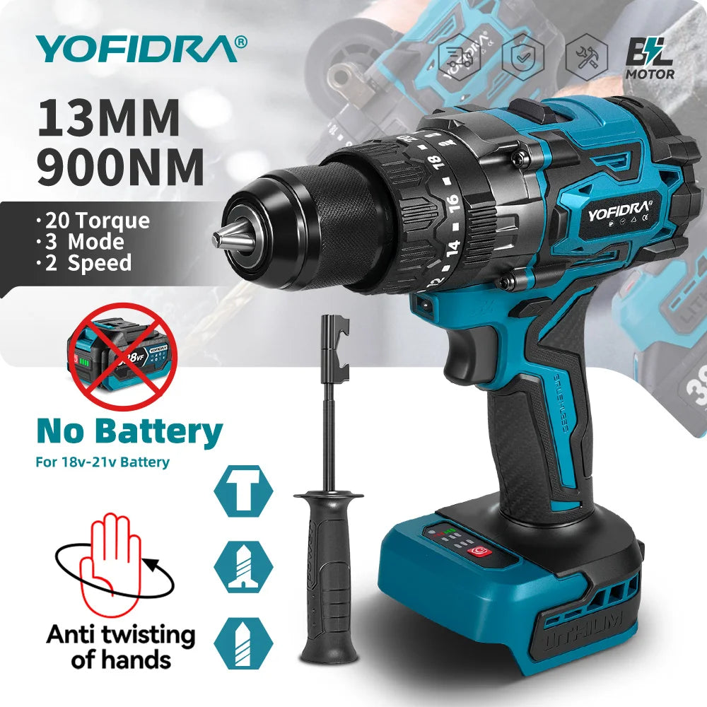 YOFIDRA 900N.m 20+3 Torque Brushless Electric Impact Drill 13MM Cordless Screwdriver Drilling Power Tool For Makita Battery Pin